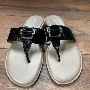 Aerosoles Black Patent Leather Thong Sandal with Silver Buckle